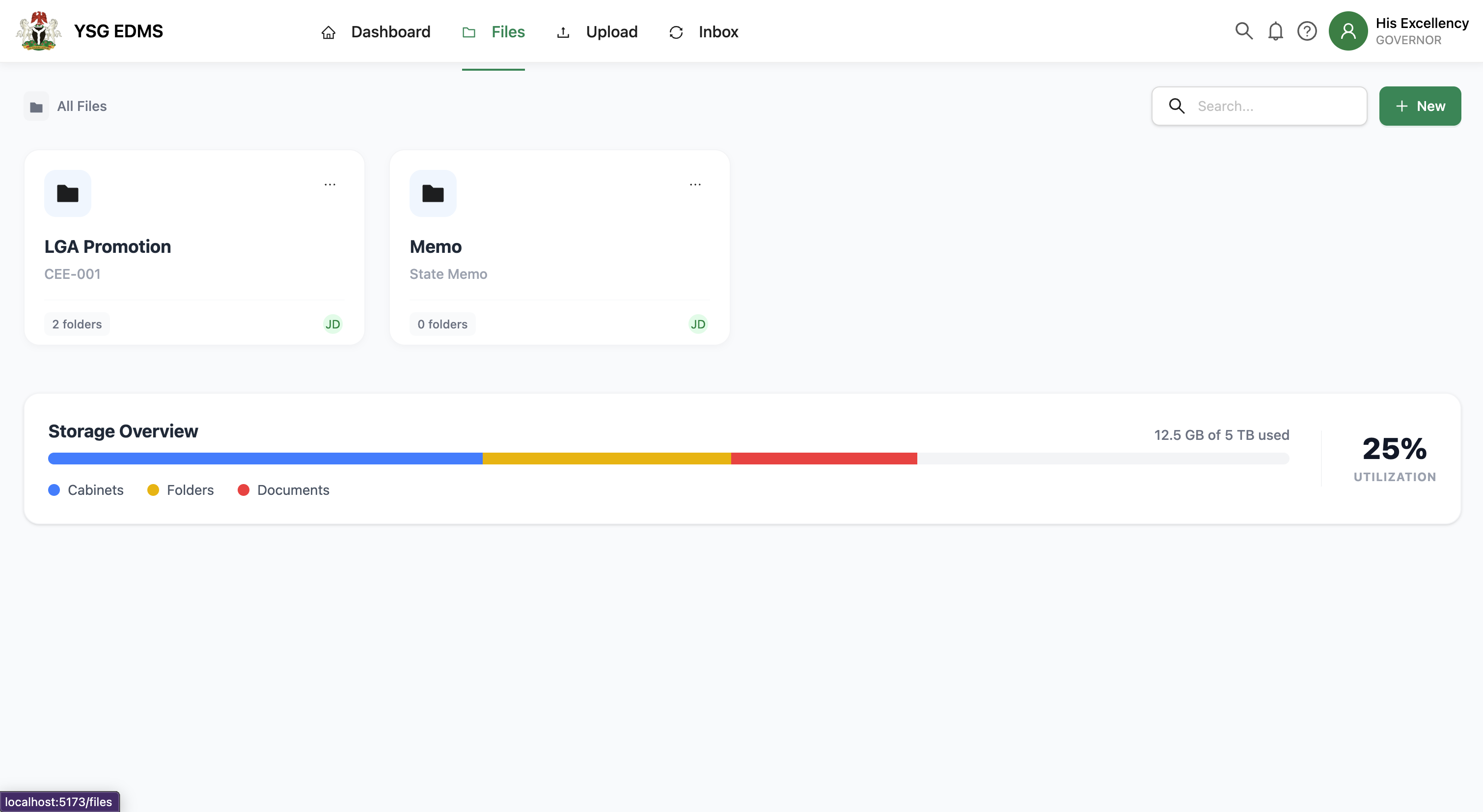 YSG EDMS file manager with cabinets, storage overview, and utilization metrics
